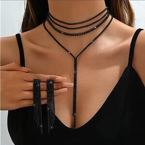Black Crystal Y Lariat Choker Matching Earrings Rhinestone Necklace New Years